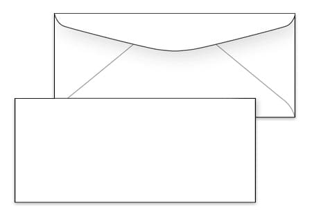 Illustration of a blank #10 business envelope showing the front and back, used as a template for custom imprinted envelopes.
