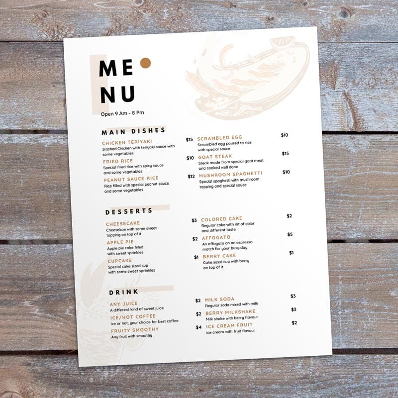 estaurant menu sample printed on white Accent Opaque Digital Paper, showcasing crisp text, vibrant print quality and a clean, professional appearance.