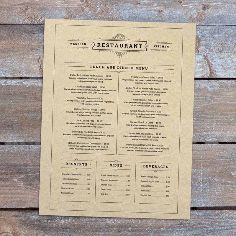Restaurant menu sample printed on aged parchment paper, featuring a classic antique finish that creates an elegant, upscale presentation for fine dining and specialty restaurants.