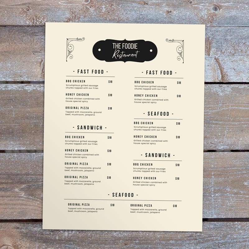 Restaurant menu sample printed on Domtar Cougar Opaque Natural Paper, featuring a soft natural shade that creates a warm, refined appearance for restaurant menus.