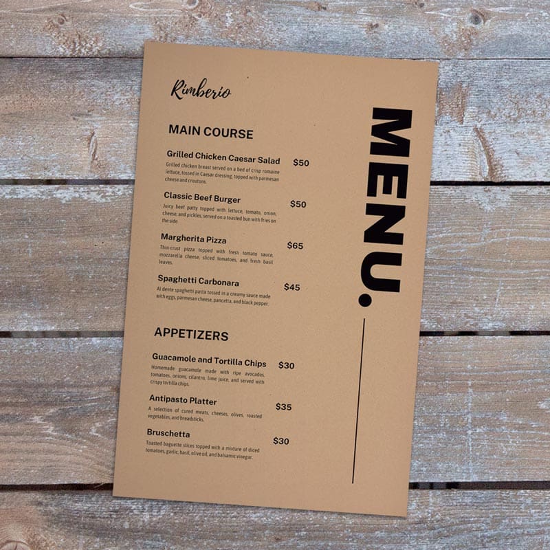 Restaurant menu sample printed on kraft fiber paper, featuring a natural textured finish that creates a rustic, handcrafted appearance for menus and specialty dining.