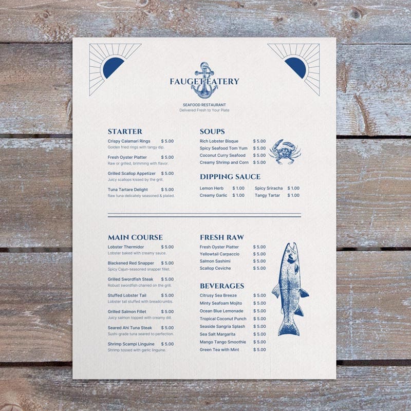 Restaurant menu sample printed on gray linen paper, featuring a subtle woven texture and elegant finish for upscale restaurant menus and fine dining presentations.