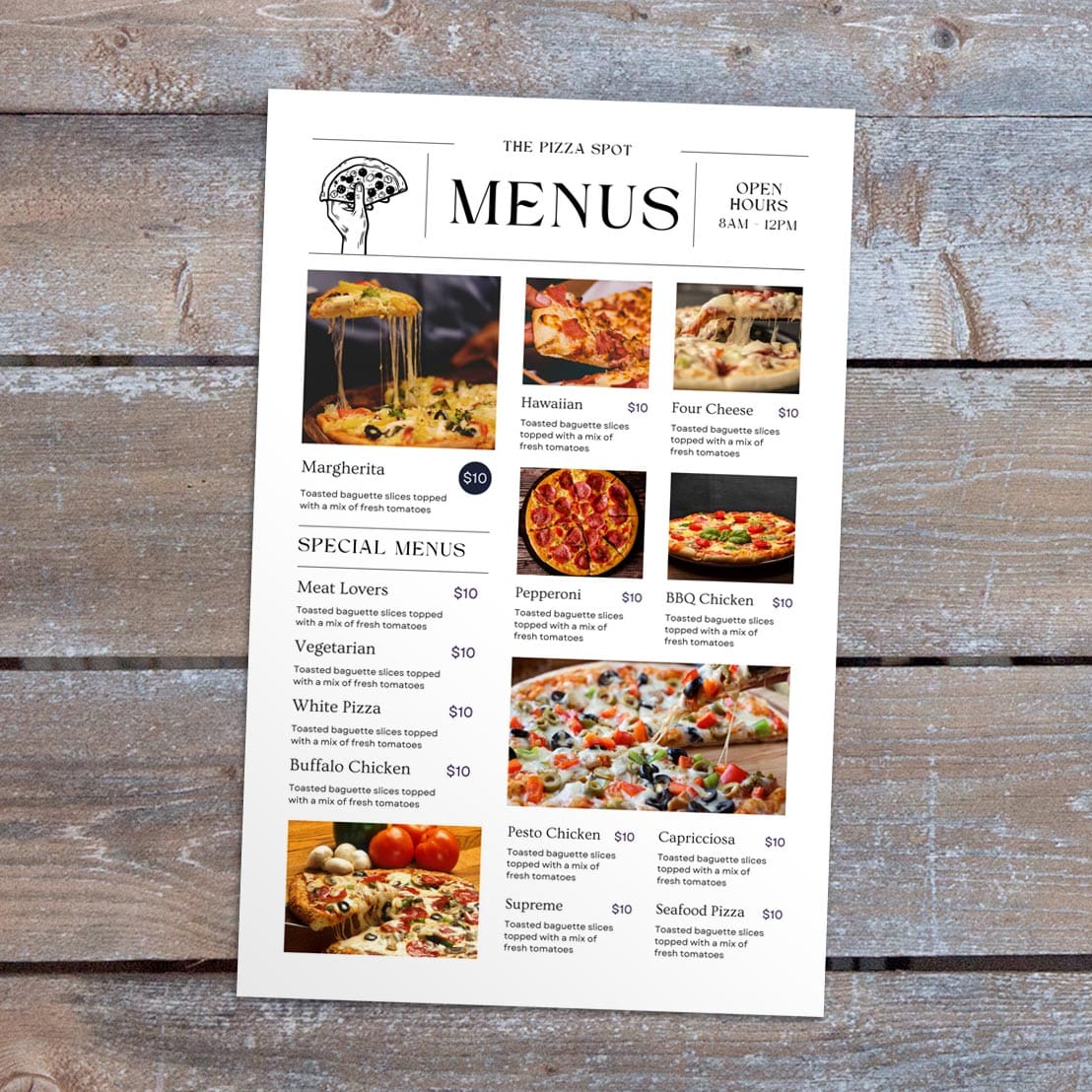 Restaurant menu sample printed on Hammermill White Color Copy Paper, featuring bright white paper with vibrant color printing and sharp text for everyday restaurant menus.