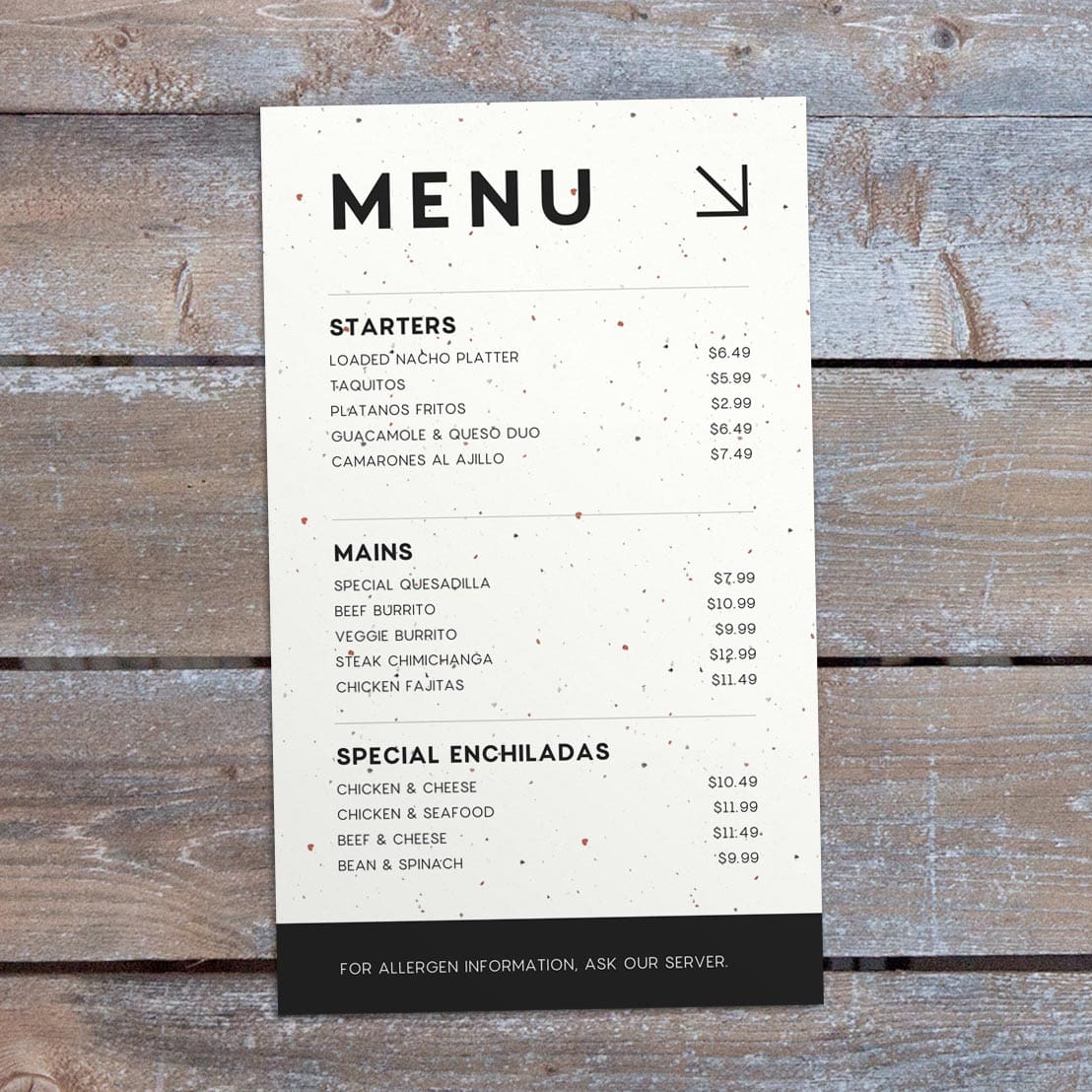 Restaurant menu sample printed on Astrobrights® Stardust White paper, featuring subtle multicolored flecks that add a unique, creative touch to restaurant menus.