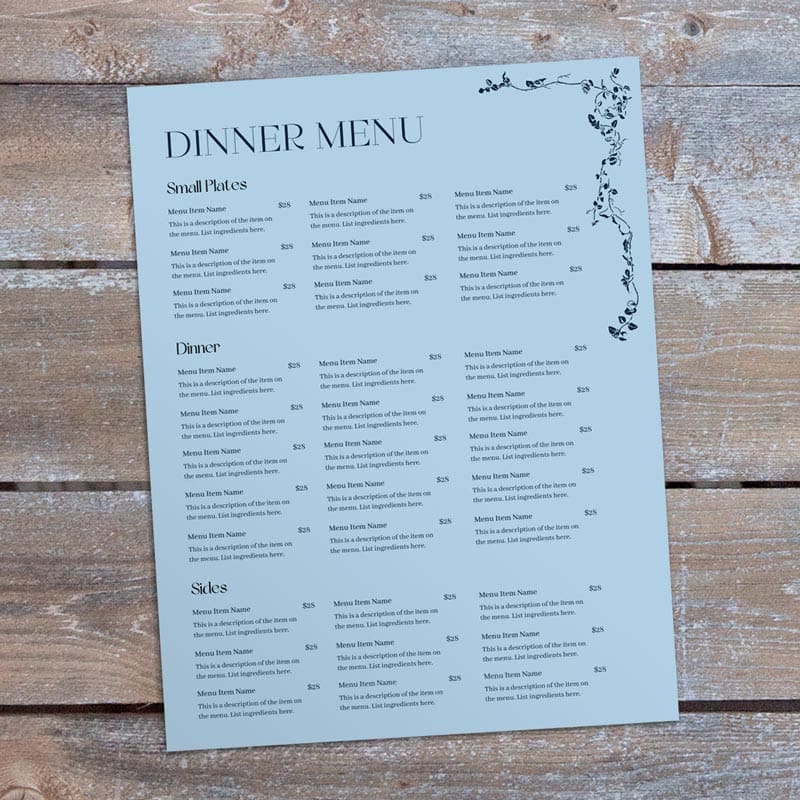 Restaurant menu sample printed on opaque blue paper, featuring a soft blue color and smooth finish for elegant restaurant menus, specials and seasonal offerings.