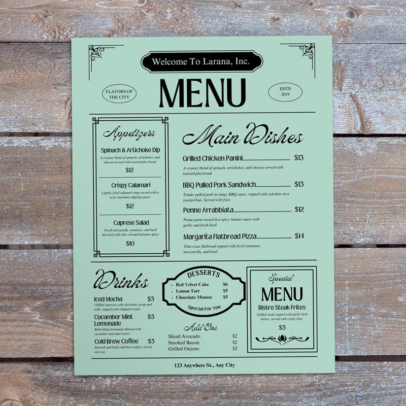 Restaurant menu sample printed on opaque green paper, featuring a soft green color and smooth finish for eye-catching restaurant menus, café menus and seasonal specials.