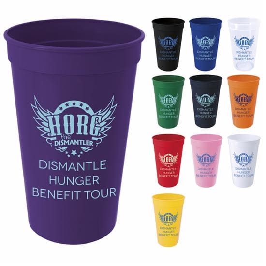 Custom imprinted plastic stadium cups in multiple colors featuring a sample logo.