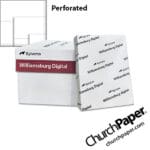 Sylvamo Williamsburg White Perforated Paper case and ream with white paper color swatch, available from Church Paper.