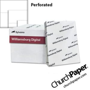 Sylvamo Williamsburg White Perforated Paper case and ream with white paper color swatch, available from Church Paper.