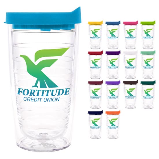 Tervis® custom imprinted clear travel tumblers with assorted lid colors featuring a sample logo for promotional branding.