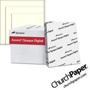 Sylvamo Accent® Opaque Digital warm white natural paper with paper ream, warm white natural paper swatch and sample sheet, available from Church Paper.