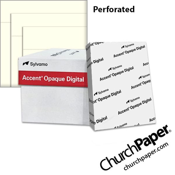 Sylvamo Accent® Opaque Digital Warm White Natural Perforated Paper with paper ream and perforated warm white paper swatch, available from Church Paper.