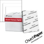 Sylvamo Accent® Opaque Digital white paper with paper ream, white paper swatch and sample sheet, available from Church Paper.