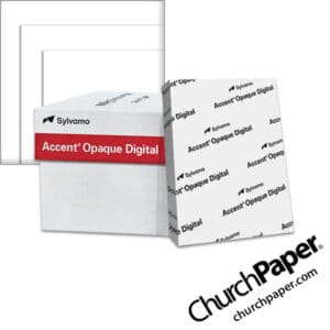 Sylvamo Accent® Opaque Digital white paper with paper ream, white paper swatch and sample sheet, available from Church Paper.
