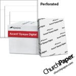 Sylvamo Accent® Opaque Digital perforated white paper with paper ream, perforated paper swatch and sample sheet, available from Church Paper.
