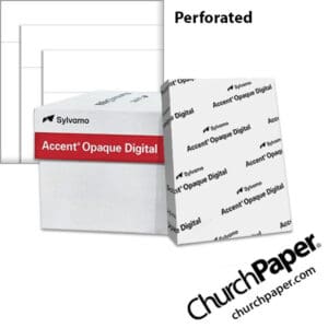 Sylvamo Accent® Opaque Digital perforated white paper with paper ream, perforated paper swatch and sample sheet, available from Church Paper.