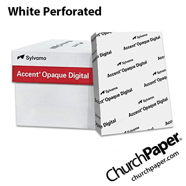 accent-opaque-white-perforated_churchpaper Sylvamo Accent® Opaque Digital perforated white paper with paper ream, available from Church Paper.