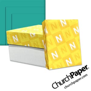 Neenah Astrobrights® Terrestrial Teal Paper with paper carton, wrapped ream and vibrant teal paper swatch, available from Church Paper.