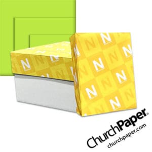 Neenah Astrobrights® Vulcan Green Paper with paper carton, wrapped ream and vibrant green paper swatch, available from Church Paper.