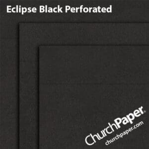 Neenah Astrobrights® Eclipse Black perforated paper swatch showing rich black sheets with horizontal perforation lines from Church Paper.