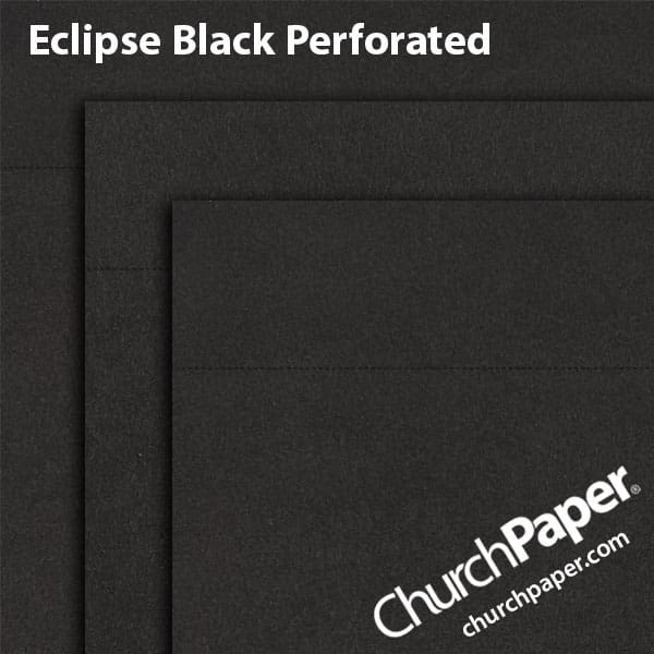 astrobrights-eclipse-black-perforated-paper-swatch-churchpaper Neenah Astrobrights® Eclipse Black perforated paper swatch showing rich black sheets with horizontal perforation lines from Church Paper.