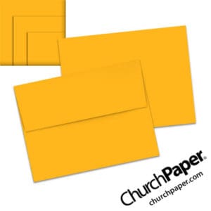Neenah Astrobrights® Galaxy Gold A2 envelopes in a vibrant golden yellow-orange color, shown from the front and back with matching paper swatches.