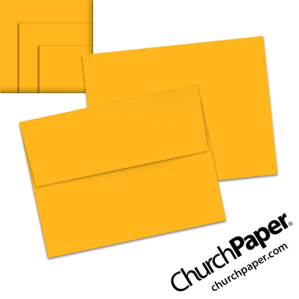astrobrights-galaxy-gold-envelopes-a2-churchpaper Neenah Astrobrights® Galaxy Gold A2 envelopes in a vibrant golden yellow-orange color, shown from the front and back with matching paper swatches.