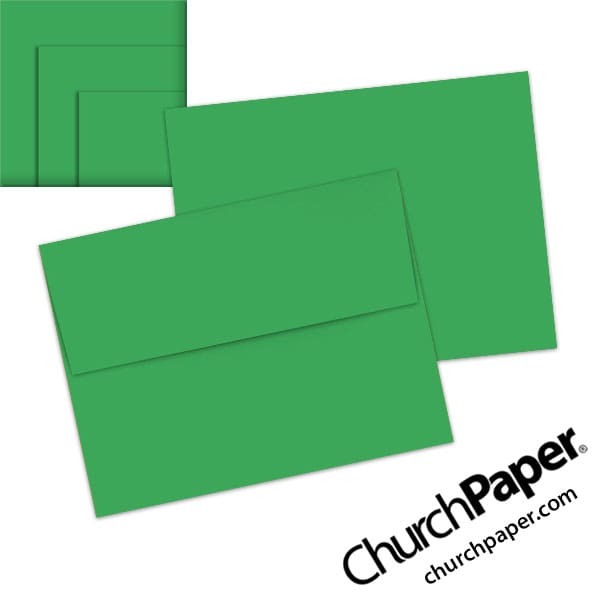 astrobrights-gamma-green-envelopes-a2-churchpaper Neenah Astrobrights® Gamma Green A2 envelopes in a vivid green color, shown from the front and back with matching paper swatches.