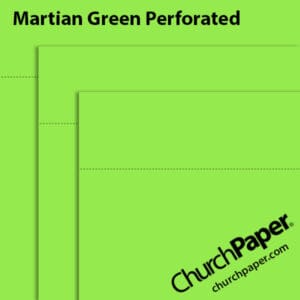 Neenah Astrobrights® Martian Green perforated paper swatch showing vibrant green sheets with horizontal perforation lines from Church Paper.