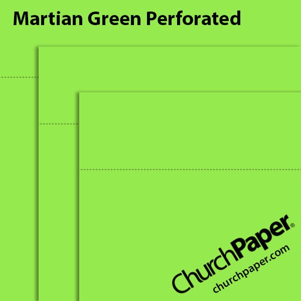 astrobrights-martian-green-perforated-paper-swatch-churchpaper Neenah Astrobrights® Martian Green perforated paper swatch showing vibrant green sheets with horizontal perforation lines from Church Paper.