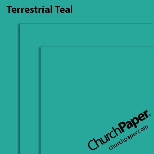 astrobrights-terrestrial-teal-paper-swatch-churchpaper Neenah Astrobrights® Terrestrial Teal paper swatch showing the vibrant teal color with layered sheet corners from Church Paper.