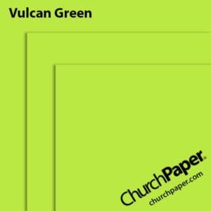 Neenah Astrobrights® Vulcan Green paper swatch showing the vibrant green color with layered sheet corners from Church Paper.