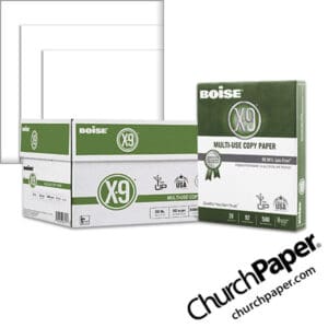 Boise X-9 Multipurpose White Copy Paper case and ream with white paper color swatch, available from Church Paper.