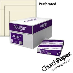 Domtar Cougar® Perforated Opaque Natural Paper with paper case, wrapped ream and perforated natural paper swatch, available from Church Paper.