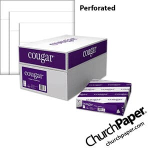 Domtar Cougar® Perforated White Paper with paper case, wrapped ream and perforated white paper swatch, available from Church Paper.