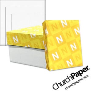 Neenah Royal Sundance® Bright White Linen Paper with paper carton, wrapped ream and bright white linen paper swatch, available from Church Paper.