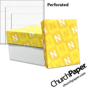 Neenah Royal Sundance® Bright White Linen Perforated Paper with paper carton, wrapped ream and perforated linen paper swatch, available from Church Paper.