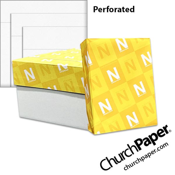 Neenah Royal Sundance® Bright White Linen Perforated Paper with paper carton, wrapped ream and perforated linen paper swatch, available from Church Paper.