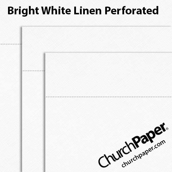 neenah-royal-sundance-bright-white-linen-perforated-swatch-churchpaper Neenah Royal Sundance® Bright White Linen perforated paper swatch showing the embossed linen texture and horizontal perforation lines from Church Paper.