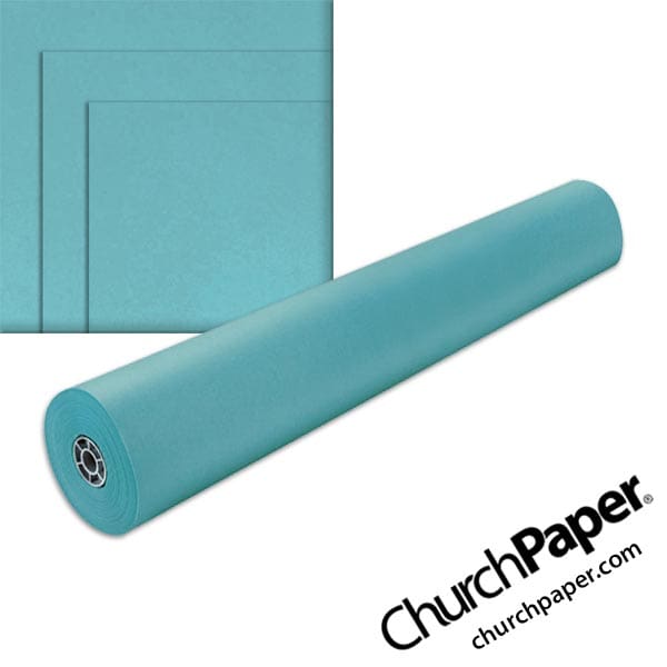 pacon-aqua-paper-roll-churchpaper Pacon Rainbow Colored Kraft Paper Roll in Aqua with color swatch, featuring a full paper roll available from Church Paper.