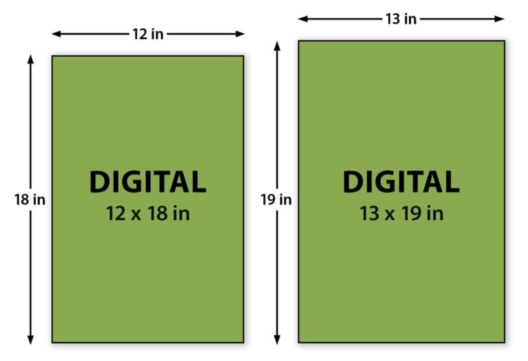 Comparison of 12 x 18 and 13 x 19 inch digital paper sizes with width and height dimensions.
