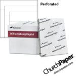 Sylvamo Williamsburg White Perforated Paper case and ream with white paper color swatch, available from Church Paper.