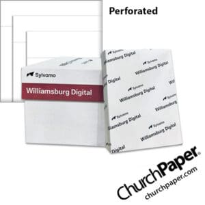 Sylvamo Williamsburg White Perforated Paper case and ream with white paper color swatch, available from Church Paper.