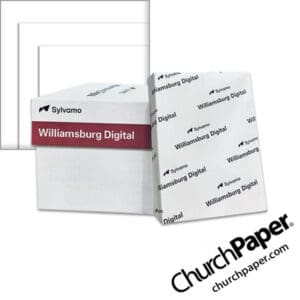 Sylvamo Williamsburg White Paper case and ream with white paper color swatch, available from Church Paper.