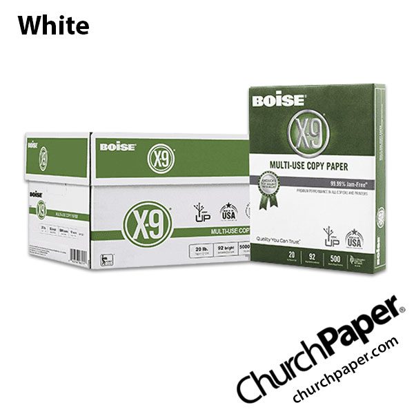 Boise X-9 Multipurpose White Copy Paper case and ream, available from Church Paper.
