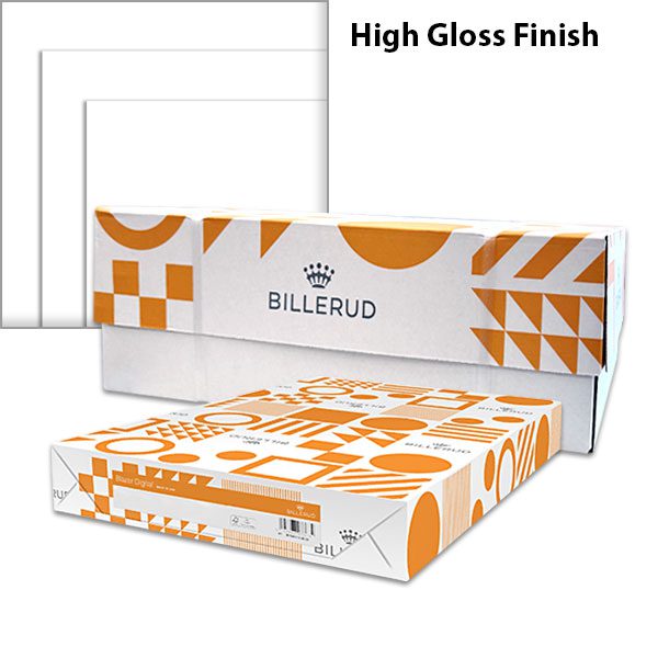 Billerud Blazer Digital® High Gloss coated paper and cardstock with orange-and-white Billerud ream packaging, stacked white sheets and High Gloss Finish label.