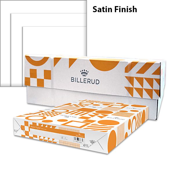 Billerud Blazer Digital® Satin coated paper and cardstock with orange-and-white Billerud ream packaging, stacked white sheets and Satin Finish label.