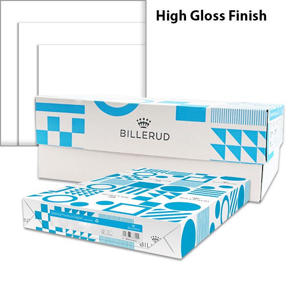 Billerud Sterling® Premium Digital High Gloss coated paper and cardstock with blue-and-white Billerud ream packaging, stacked white sheets and High Gloss Finish label.