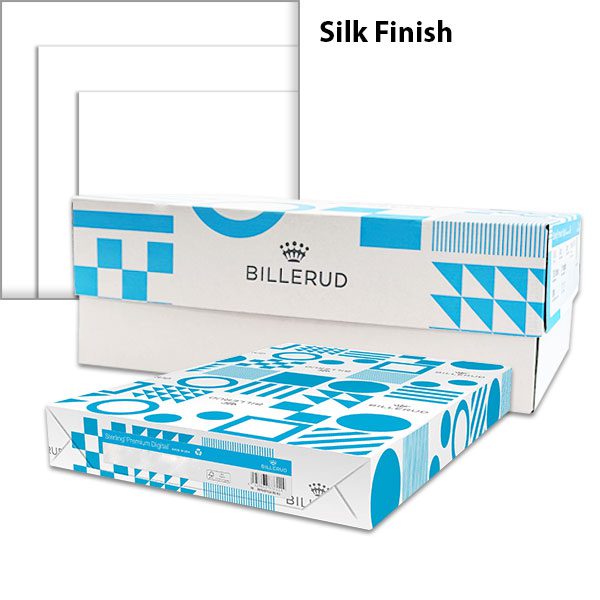 Billerud Sterling® Premium Digital Silk coated paper and cardstock with blue-and-white Billerud ream packaging, stacked white sheets and Silk Finish label.