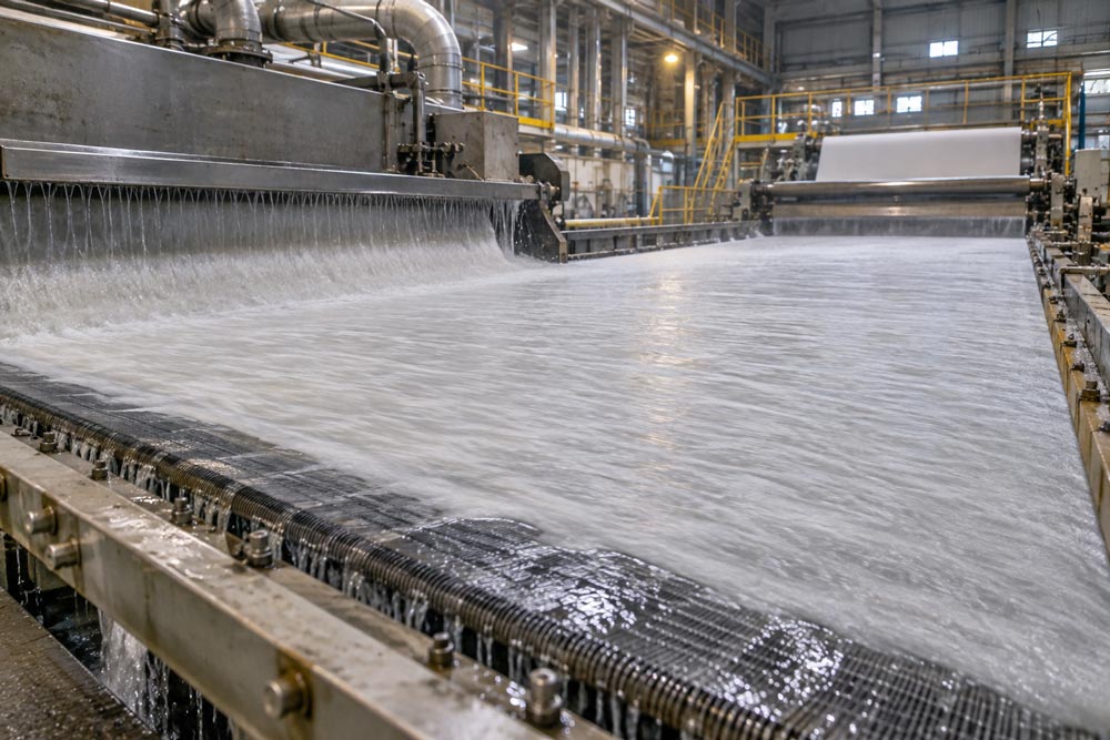 Paper mill forming section showing a mixture of water and paper fibers moving across the forming wire during papermaking.